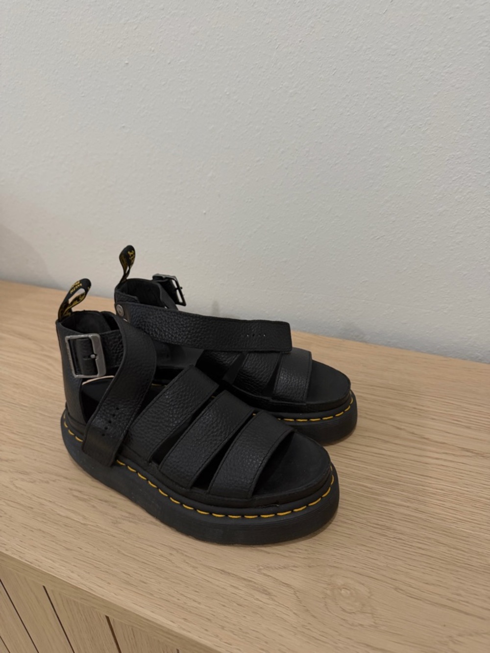 Dr. Martens Black Leather Kids Fisherman Sandals with Yellow Stitching